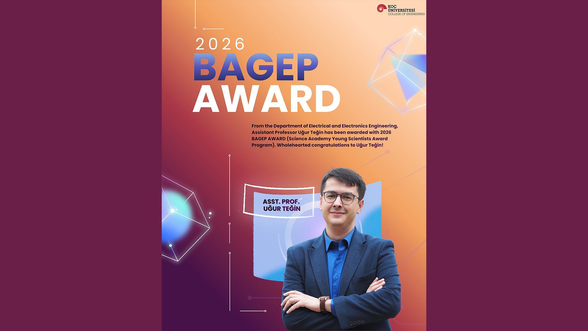 Dr. Öğr. Üyesi Uğur Teğin’e 2026 BAGEP Ödülü